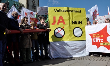 Campaigners in Hamburg urging members of the public to vote in favour of the referendum to renationalise the utility sector, which they won in October 2013.