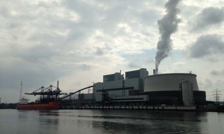 The coal-fired power plant, under construction across the river Elbe in Hamburg.