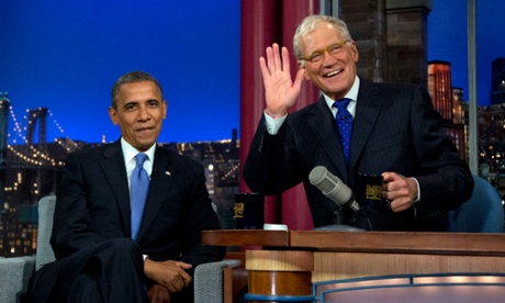 President Obama sits with David Letterman on the set of the Late Show in September 2012.