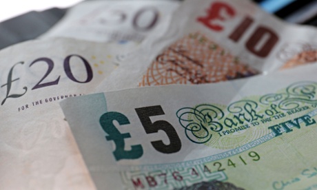 Fifty, Twenty, Ten, and Five pound notes.