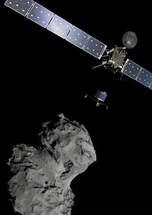 An artist's impression of Rosetta deploying the Philae lander towards Comet 67P/Churyumov Gerasimenko