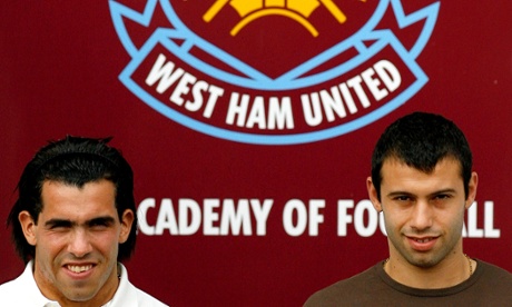 Carlos Tevez and Javier Mascherano pose for photographers upon arriving at Upton Park in 2006.