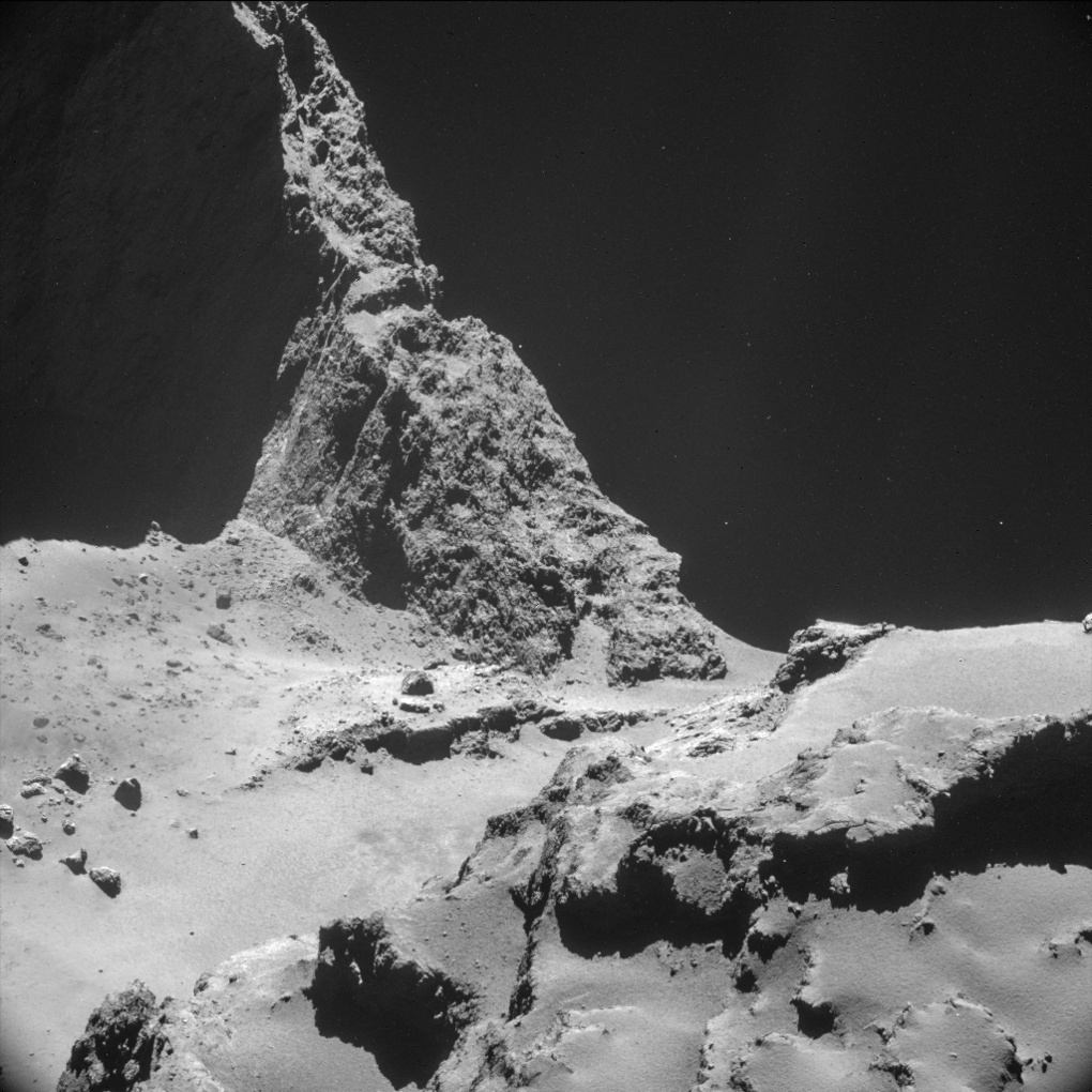 This picture – taken by Rosetta's navigation camera on Tuesday – reveals the precipitous terrain of Comet 67P/Churyumov Gerasimenk.