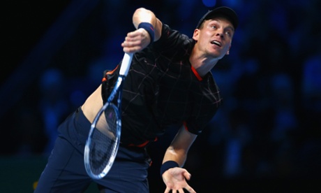 Tomas Berdych serves against Marin Cilic on day four of the ATP World Tour Finals at the O2 Arena.