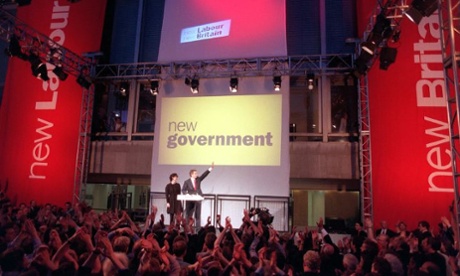 Labour leader Tony Blair and his wife Cherie waving to cheering supporters at the Festival Hall in 1997.