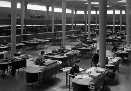 Clerks shown working in the great workroom of SC Johnson’s Frank Lloyd Wright-designed administration building, circa 1940s.