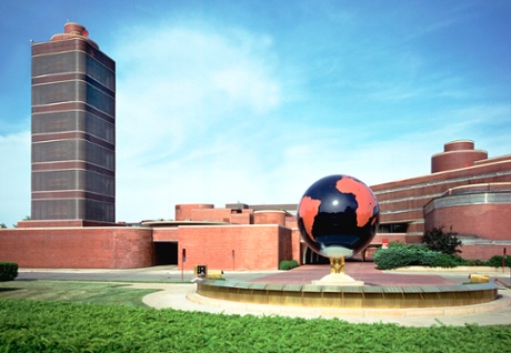 External view of the Frank Lloyd Wright-­designed SC Johnson administration building and research tower at the company’s global headquarters in Racine, Wis.
