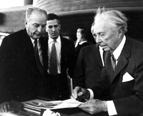 Frank Lloyd Wright, right, in the administration building with HF Johnson, Jr during a visit to Racine, 1950s.