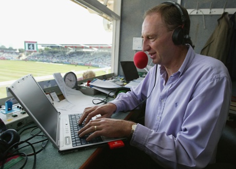 Cricket commentator Jonathan Agnew sits at his lap top at Edgbaston , 2004.