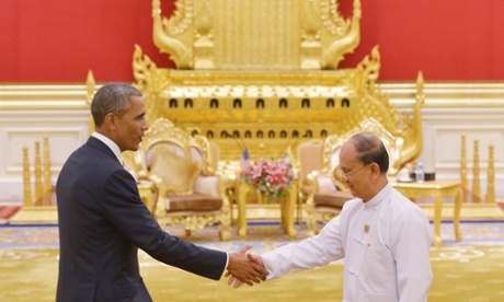 Thein Sein greets Barack Obama at the presidential palace. The US president has raised concerns over Burma's 'backsliding' reforms.