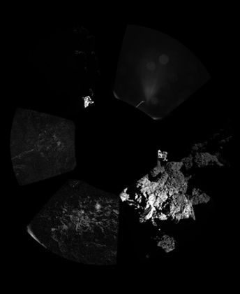 Panoramic view around the point of Philae's final touchdown on the surface of comet 67P, taken when Rosetta was <d>about</d> 18km from centre of comet. Parts of Philae's landing gear can be seen in this picture.