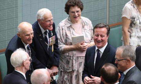 Murray and Eric Maxton from Albany in WA who flew in the same Lancaster bomber during WWII meet UK Prime Minister David Cameron, Tony Abbott and Malcolm Turnbull in parliament.