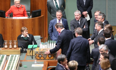 UK Prime Minister David Cameron examines the opposition dispatch box.