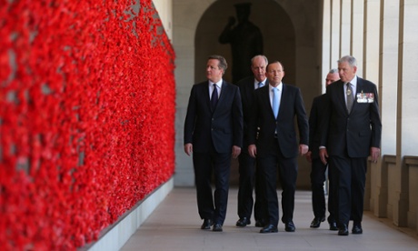British prime minister David Cameron with Australian prime minister Tony Abbott at the roll of honour at the Australian War Memorial.