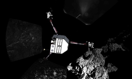 The first panoramic images from the surface of the comet with a sketch of the Philae lander superimposed to show it’s assumed orientation.