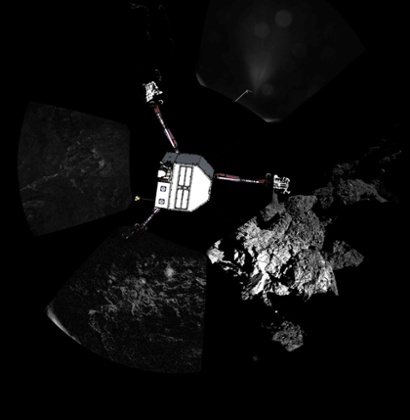 The panoramic image released on Thursday, with a sketch of the lander superimposed to show its probably orientation. 