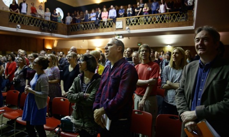 Simon Hattenstone (centre) at the Sunday Assembly.