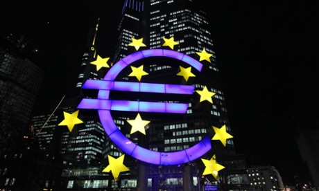An illuminated EURO sign in front of the European Central Bank, ECB in Frankfurt, Germany.