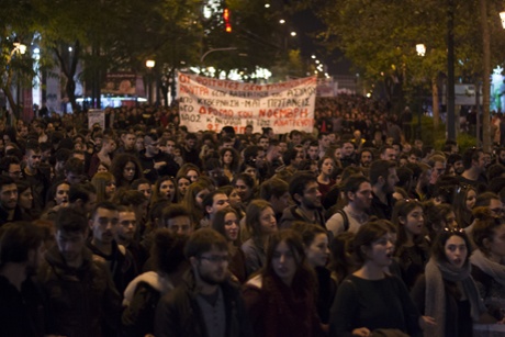 Students march while shouting slogans against police repression and the governments' and rector's decision to hold a lock out at universities on November 17th.