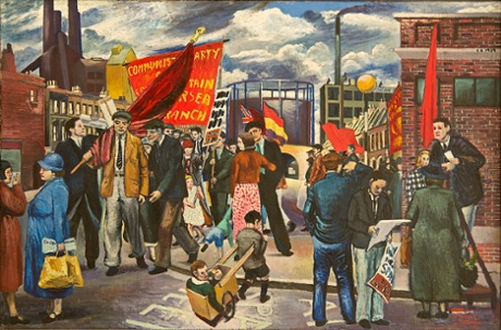 Demonstration in Battersea, 1939 by Clive Branson, dedicated to Comrade E Marney: ‘a parade of hungry volunteers… sometimes shirtless, often ill, but always wearing their brigade badges or caps’.