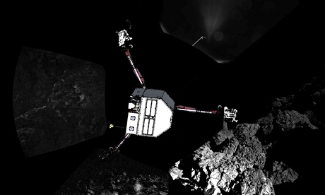 A handout sketch of Rosetta lander superimposed on image of the comet surface