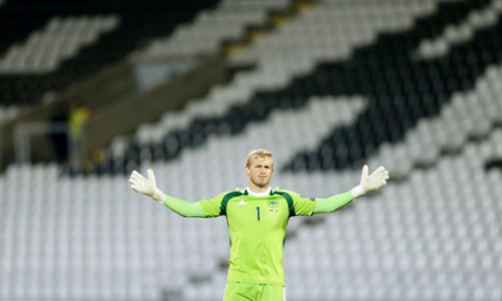 Denmark's goalkeeper Kasper Schmeichel in an empty Partizan stadium in Belgrade.