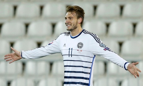 Bendtner celebrates his equaliser.