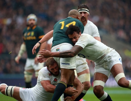 Courtney Lawes and Chris Robshaw combine to take down South Africa's JP Pietersen.