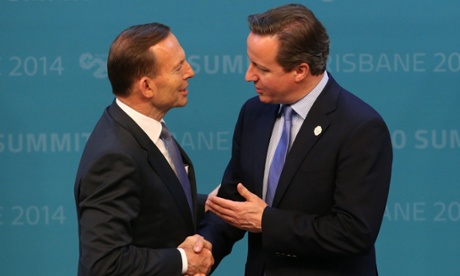 Tony Abbott greets David Cameron at the G20 on Saturday.