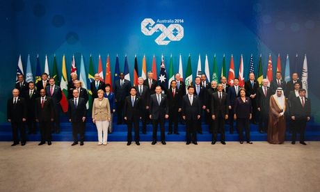 The official G20 Leaders' Summit group photograph taken at the summit in Brisbane.