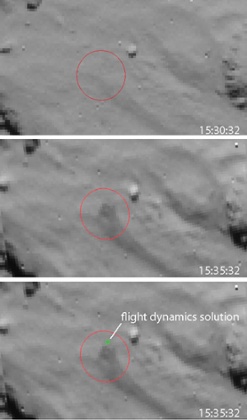 The European Space Agency's images were recorded by the navigation camera on board Rosetta as the orbiter flew over the (intended) Philae landing site on 12 November.