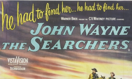 A poster for John Ford's 1956 western 'The Searchers' starring John Wayne and Jeffrey Hunter. (Photo by Movie Poster Image Art/Getty Images)filmposter|huty19808|huty19808|colorimage|adv enturefilm|dramafilm|westernfilm|1956|twopeople|fulllength|menonly|backgroundpeople|horsebackriding|rifle|plain