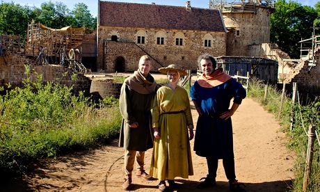 Tom Pinfold, Ruth Goodman and Peter Ginn at Guedelon castle in Secrets of the Castle. Photograph: Je