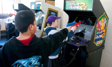 Children at an arcade in Minnesota shooting with replica .45 calibre plastic pistols.