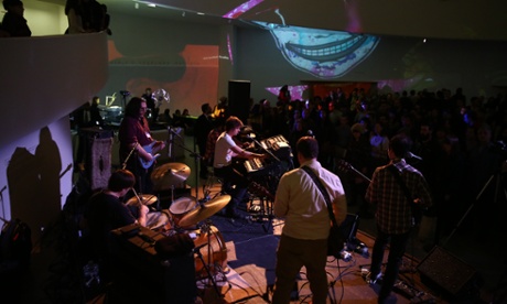 Oneida performs as part of Creamcheese with visual effects by Brock Monroe with Joshua White and Brigid Smith at the Guggenheim Museum.