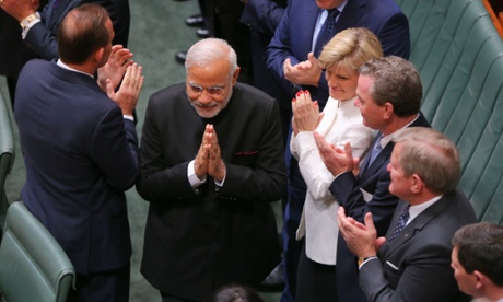 The President of the Republic of India Narendra Modi arrives to address a joint sitting of Parliament in the Reps chamber in Parliament House Canberra this morning, Tuesday 18th November 2014.