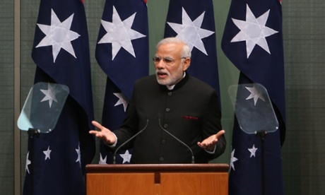 The President of the Republic of India Narendra Modi addresses a joint sitting of Parliament in the Reps chamber in Parliament House Canberra this morning, Tuesday 18th November 2014.