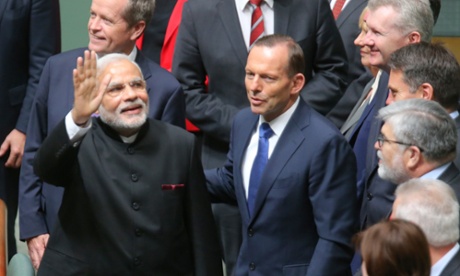 The President of the Republic of India Narendra Modi after addressing a joint sitting of Parliament in the Reps chamber in Parliament House Canberra this morning, Tuesday 18th November 2014.
