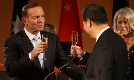 President Xi Jinping and Prime Minister Tony Abbott cheers during an offical dinner given by Prime Minister Tony Abbott and Margie Abbott at Parliament House on November 17, 2014 in Canberra, Australia.
