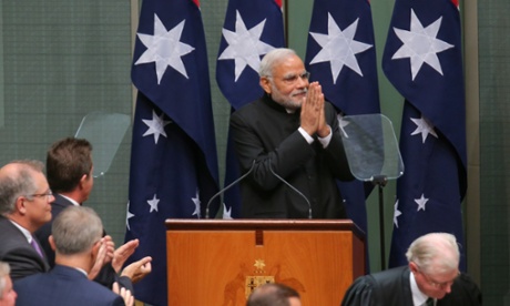 The President of the Republic of India Narendra Modi addresses a joint sitting of Parliament in the Reps chamber in Parliament House Canberra this morning, Tuesday 18th November 2014.