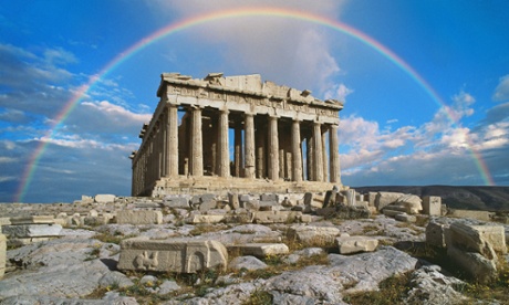 Rainbow in sky, Parthenon, Greece. Are things looking up for the Greek economy?