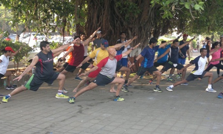 Post-run stretches near the NCPA on Nariman Point. 
