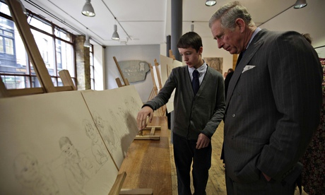 Prince Charles touring an end-of-year exhibition at London's Royal Drawing School,