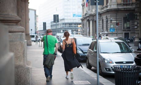 Morwenna and Stefano walk down the street together