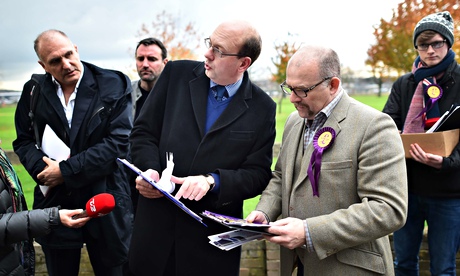 Mark Reckless (centre) campaigns in Rochester, Kent, before the byelection on 20 November.