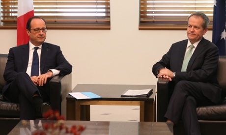 The President of the French Republic Francois Hollande at a meeting with opposition leader Bill Shorten in Parliament House Canberra this morning, Monday 19th November 2014.