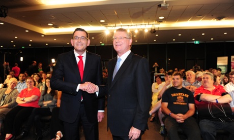 Premier Denis Napthine (right) and opposition leader Daniel Andrews shake hands before the debate in Frankston.