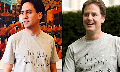 Ed Miliband and Nick Clegg wear the Fawcett Society’s feminist T-shirt.