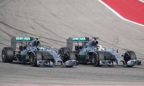 Lewis Hamilton overtakes his teammate Nico Rosberg to take the lead at the Circuit of the Americas.