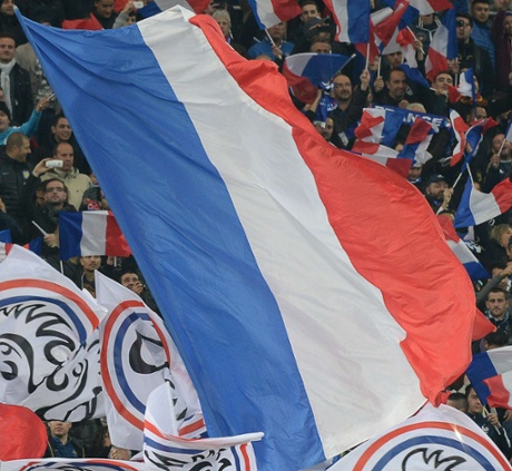France supporters wave the national flag on November 18, 2014.